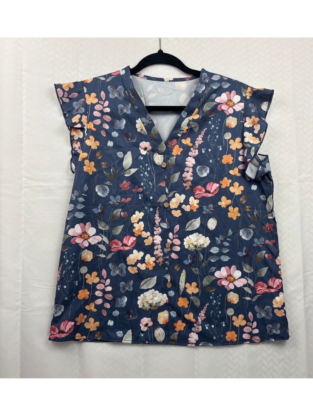 Women's Blue Floral V-Neck Sleeveless Blouse, Size M